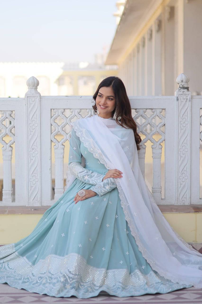 Spellbinding Sky Blue Faux Georgette Thread Sequins Worked Gown - INDIAN ELEGANCE