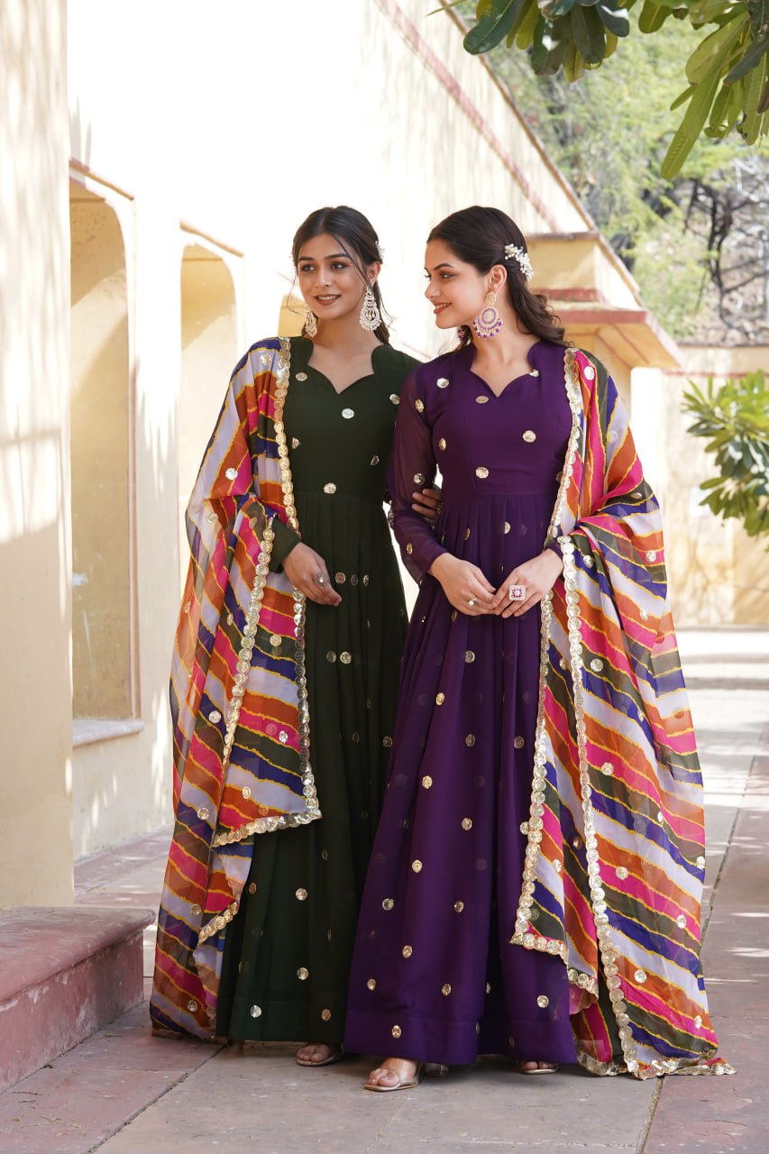 Charming Faux Georgette Zari Thread Sequins Worked Gown - INDIAN ELEGANCE