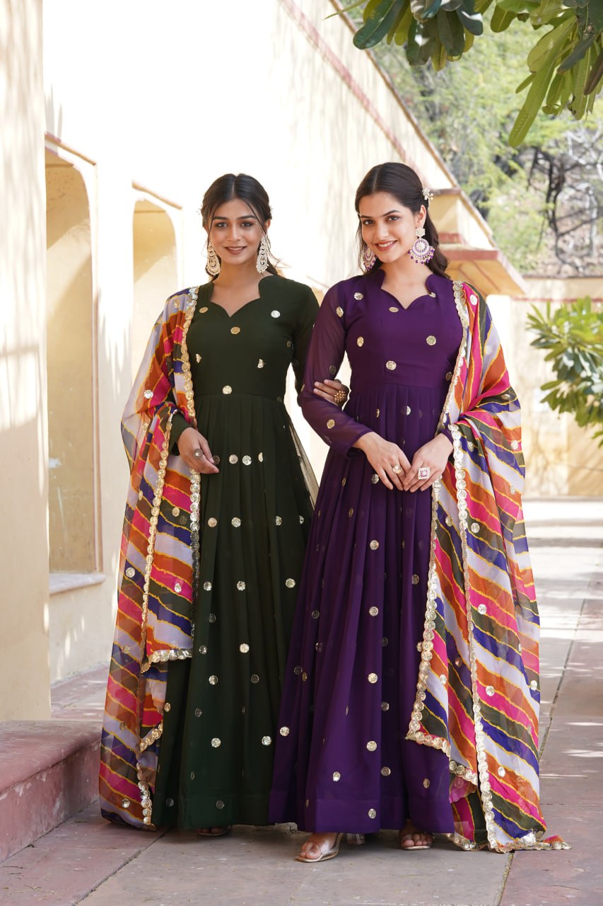 Charming Faux Georgette Zari Thread Sequins Worked Gown - INDIAN ELEGANCE