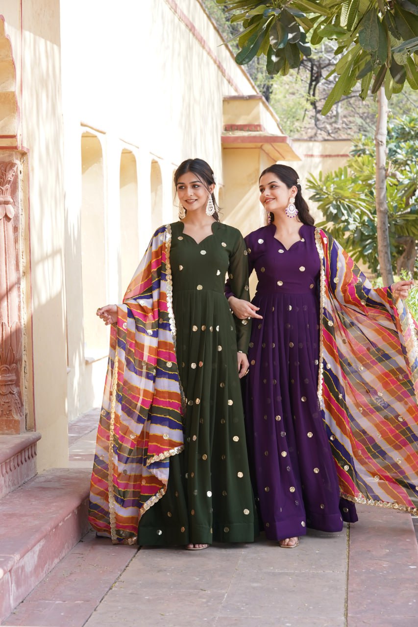 Charming Faux Georgette Zari Thread Sequins Worked Gown - INDIAN ELEGANCE