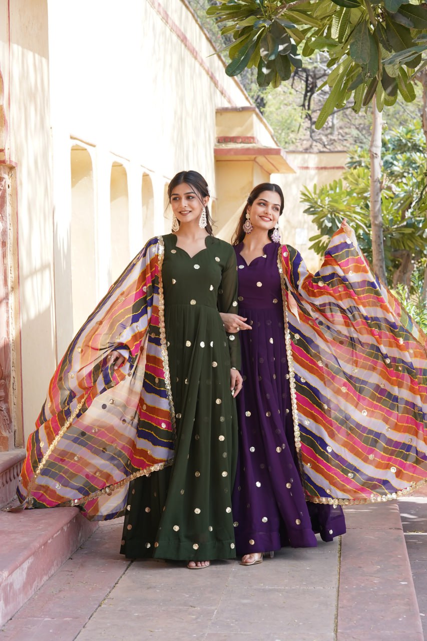 Charming Faux Georgette Zari Thread Sequins Worked Gown - INDIAN ELEGANCE