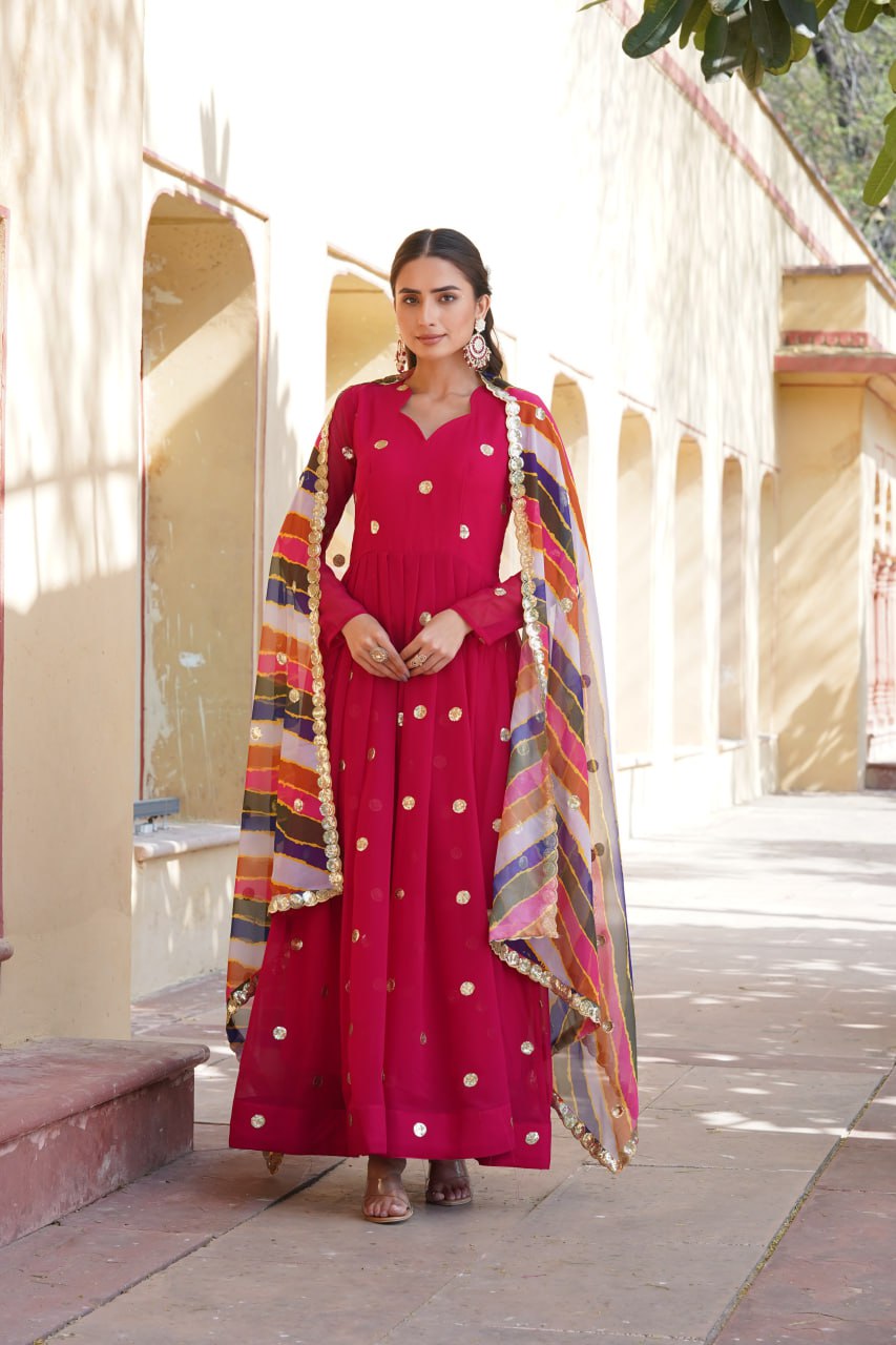 Charming Faux Georgette Zari Thread Sequins Worked Gown - INDIAN ELEGANCE