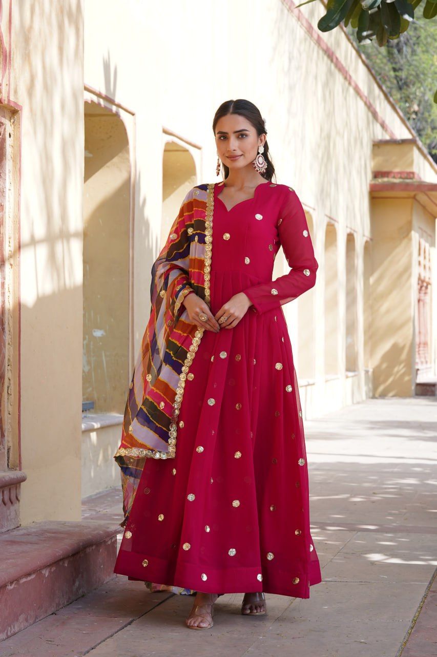 Charming Faux Georgette Zari Thread Sequins Worked Gown - INDIAN ELEGANCE