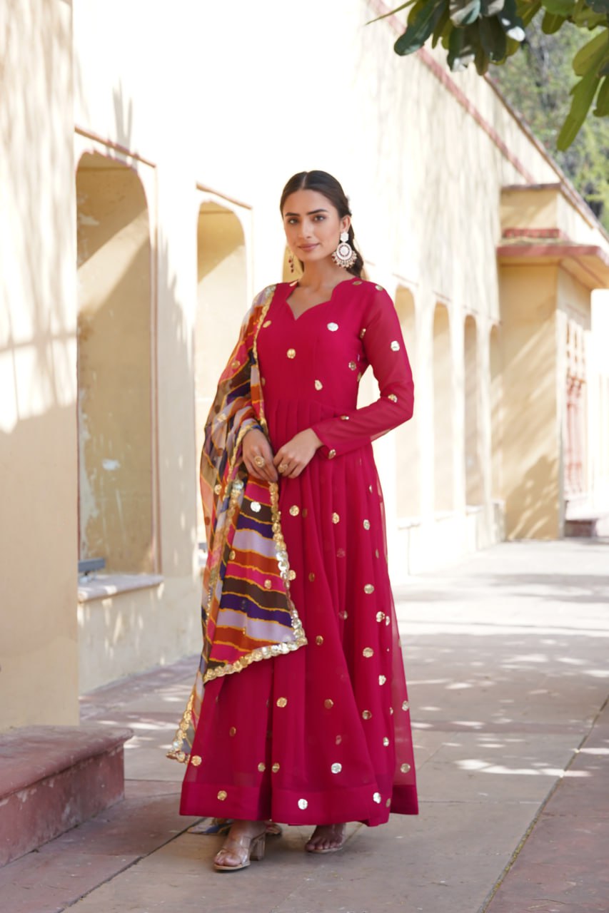Charming Faux Georgette Zari Thread Sequins Worked Gown - INDIAN ELEGANCE