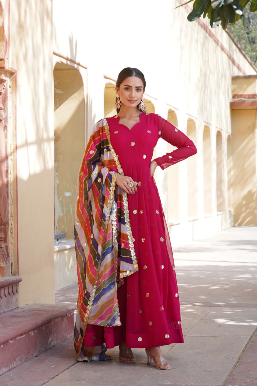 Charming Faux Georgette Zari Thread Sequins Worked Gown - INDIAN ELEGANCE