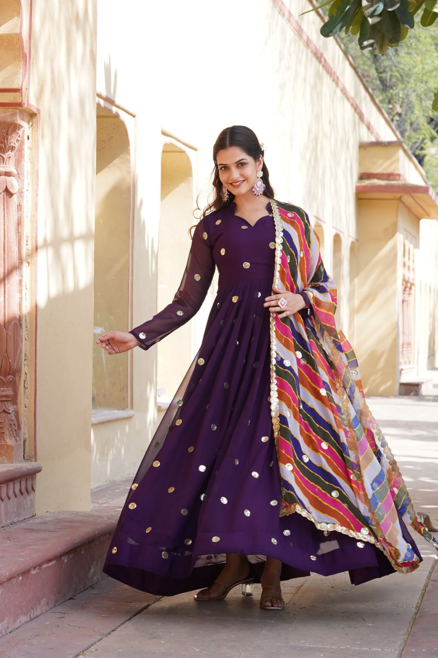 Charming Faux Georgette Zari Thread Sequins Worked Gown - INDIAN ELEGANCE