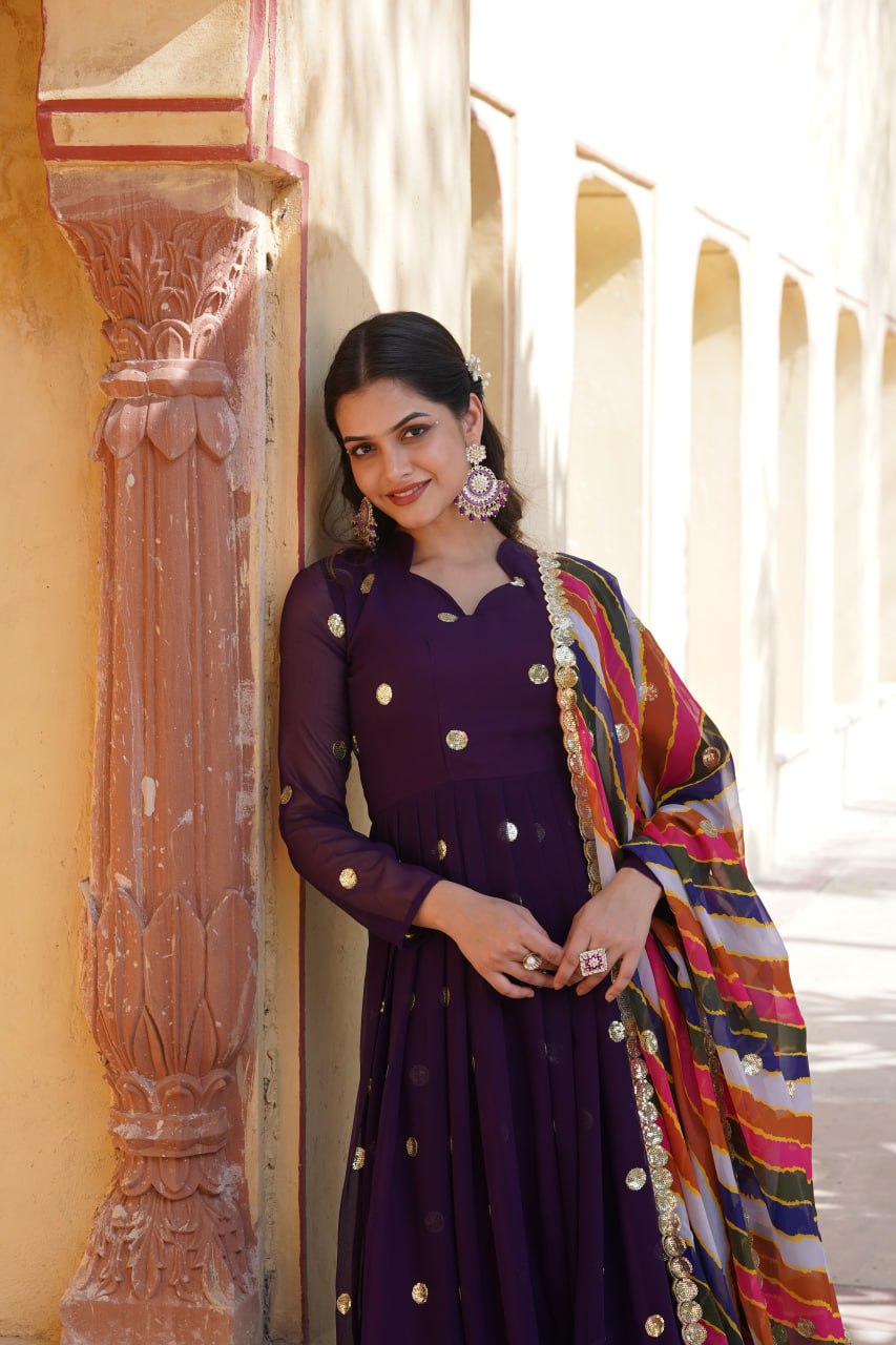 Charming Faux Georgette Zari Thread Sequins Worked Gown - INDIAN ELEGANCE