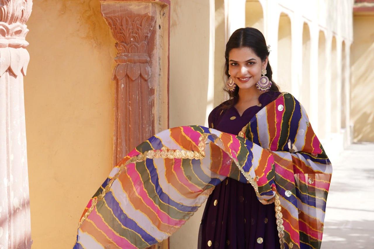 Charming Faux Georgette Zari Thread Sequins Worked Gown - INDIAN ELEGANCE