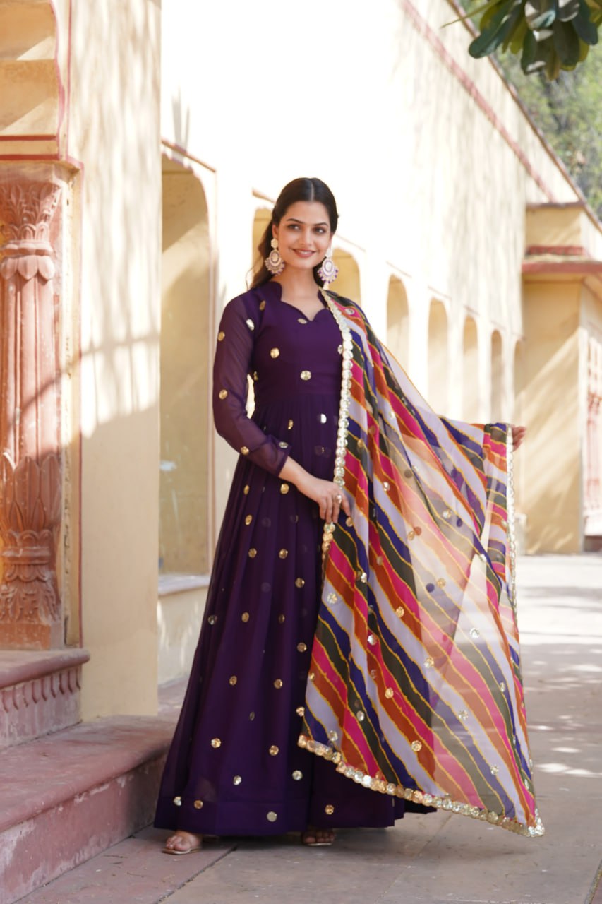 Charming Faux Georgette Zari Thread Sequins Worked Gown - INDIAN ELEGANCE