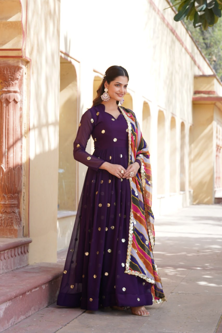 Charming Faux Georgette Zari Thread Sequins Worked Gown - INDIAN ELEGANCE