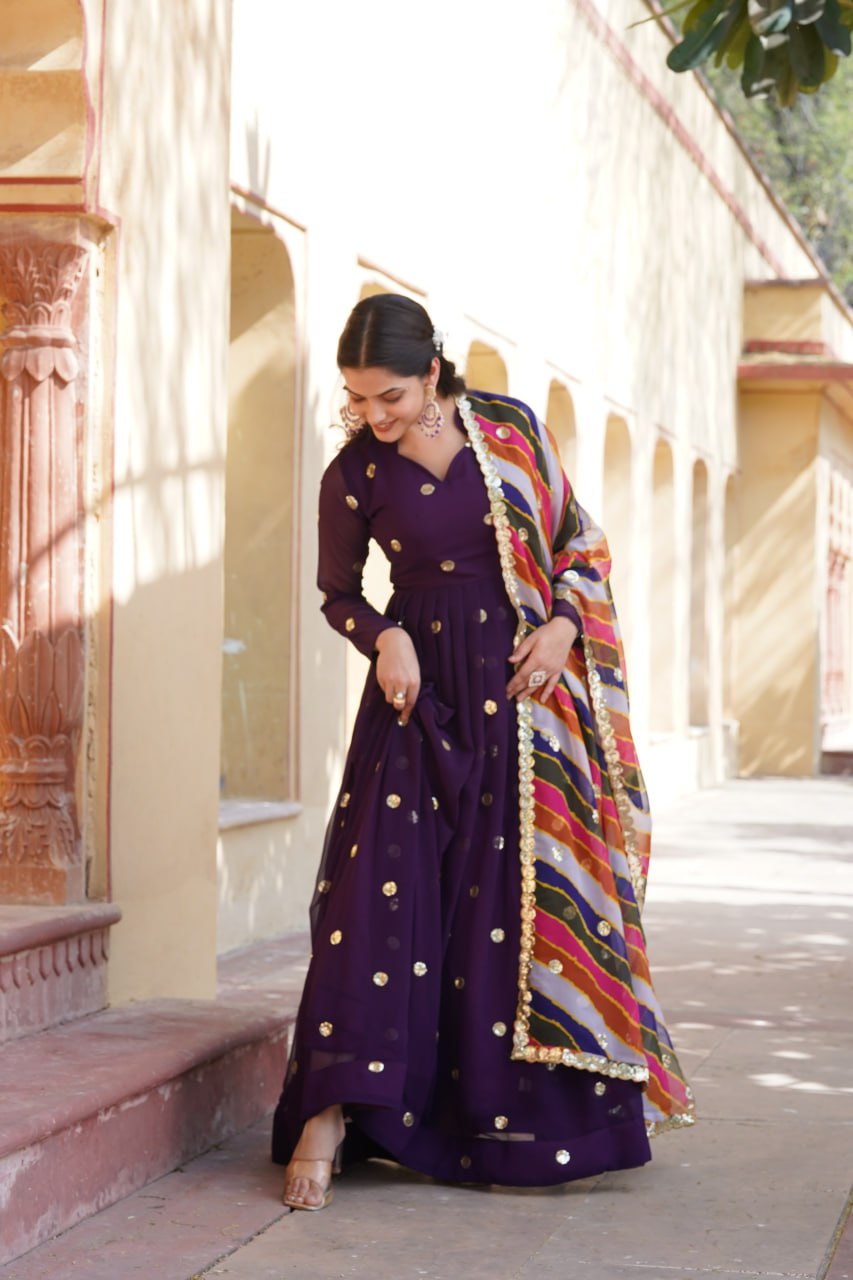 Charming Faux Georgette Zari Thread Sequins Worked Gown - INDIAN ELEGANCE