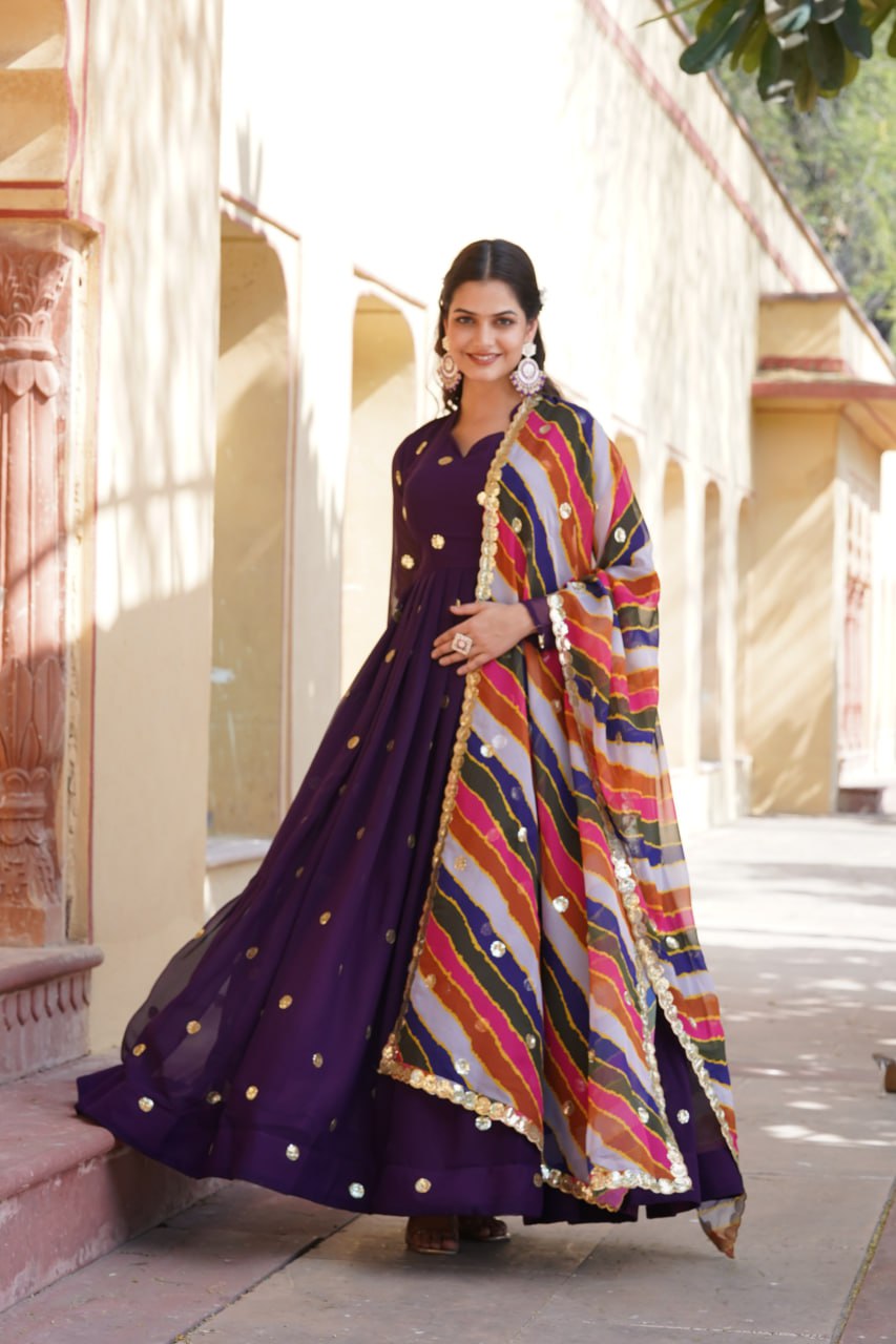Charming Faux Georgette Zari Thread Sequins Worked Gown - INDIAN ELEGANCE