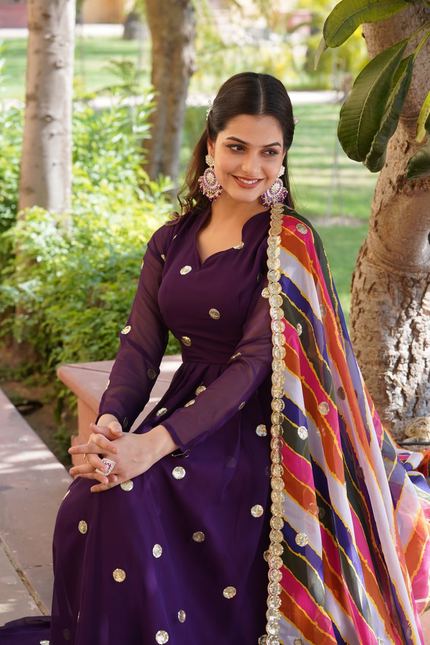 Charming Faux Georgette Zari Thread Sequins Worked Gown - INDIAN ELEGANCE
