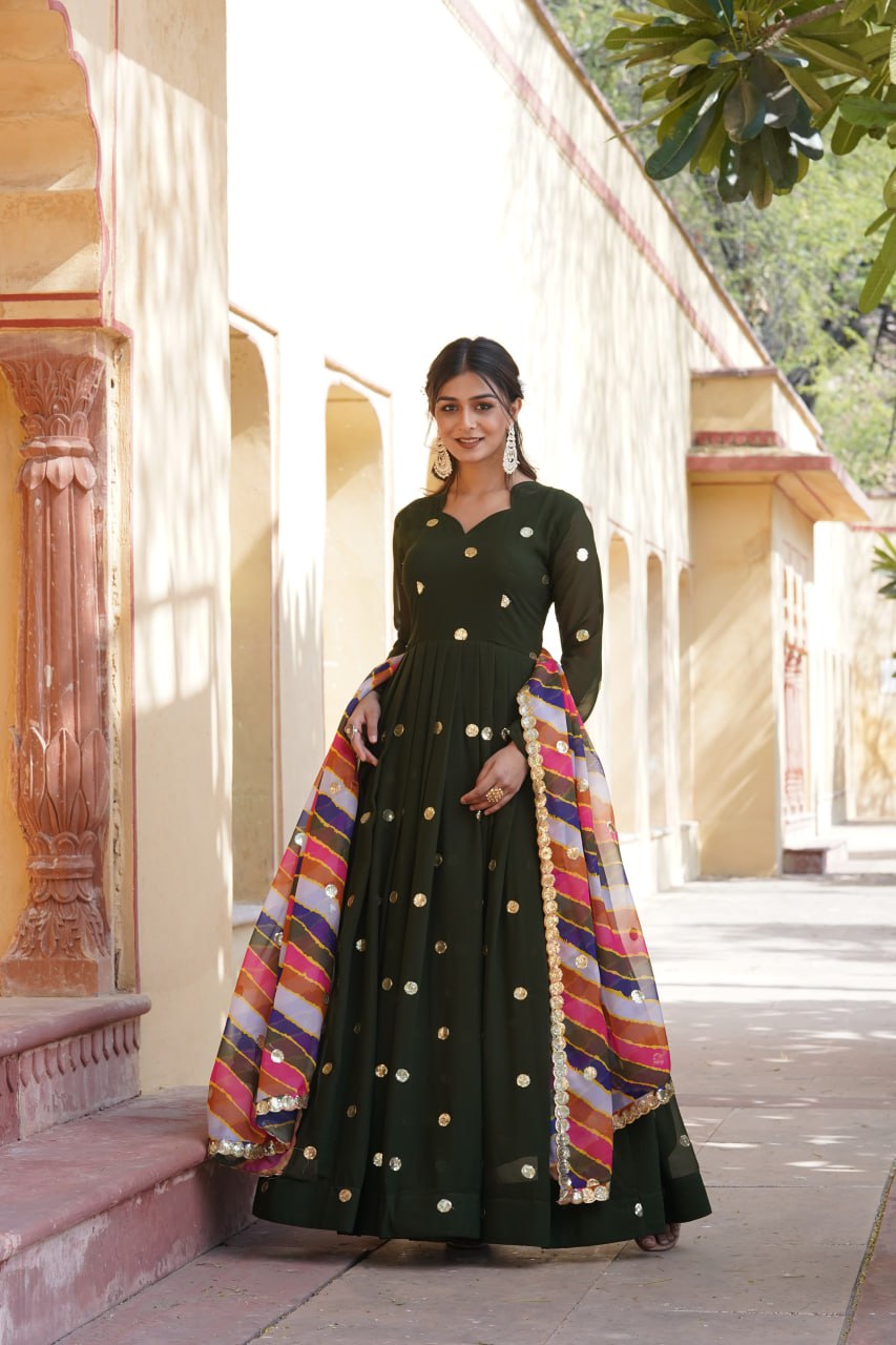 Charming Faux Georgette Zari Thread Sequins Worked Gown - INDIAN ELEGANCE