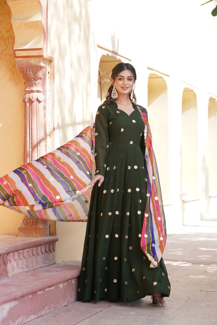 Charming Faux Georgette Zari Thread Sequins Worked Gown - INDIAN ELEGANCE