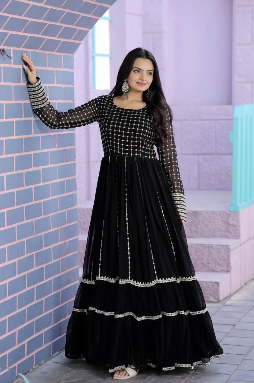 Fetching Faux Georgette Sequins Worked Designer Gown - INDIAN ELEGANCE