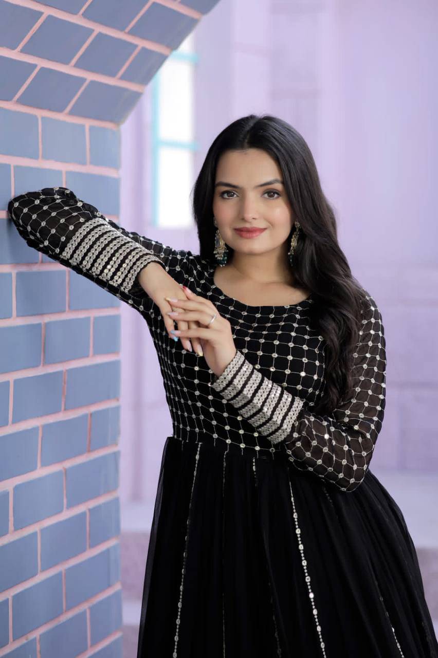 Fetching Faux Georgette Sequins Worked Designer Gown - INDIAN ELEGANCE