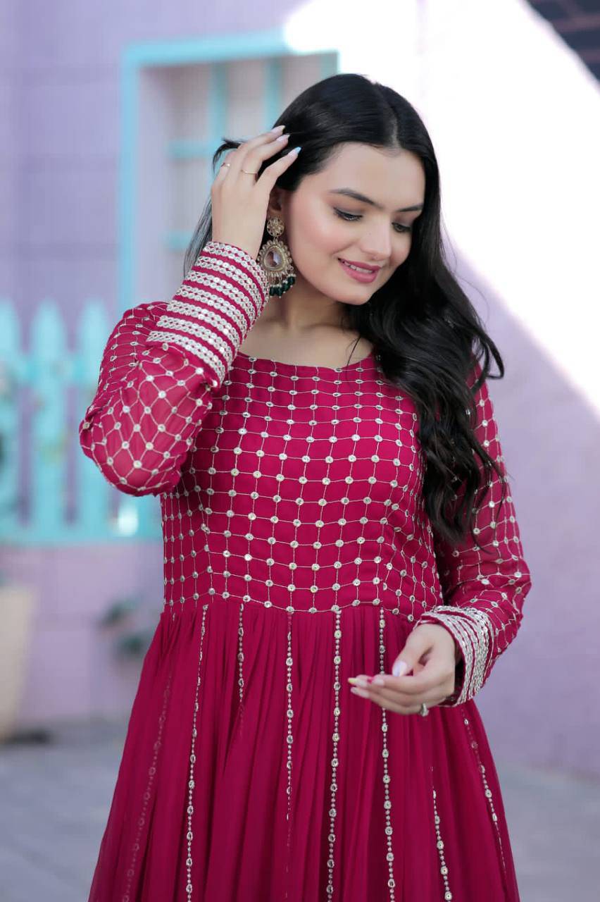Fetching Faux Georgette Sequins Worked Designer Gown - INDIAN ELEGANCE