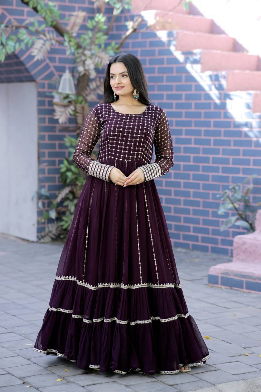 Fetching Faux Georgette Sequins Worked Designer Gown - INDIAN ELEGANCE