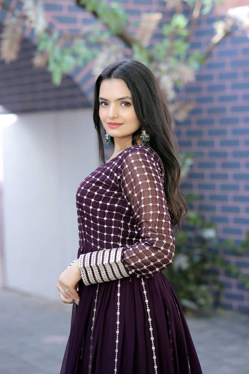 Fetching Faux Georgette Sequins Worked Designer Gown - INDIAN ELEGANCE