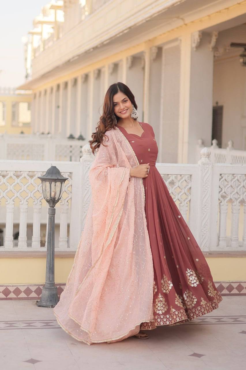 Delicate Brown Faux Georgette Zari Sequins Worked Gown - INDIAN ELEGANCE