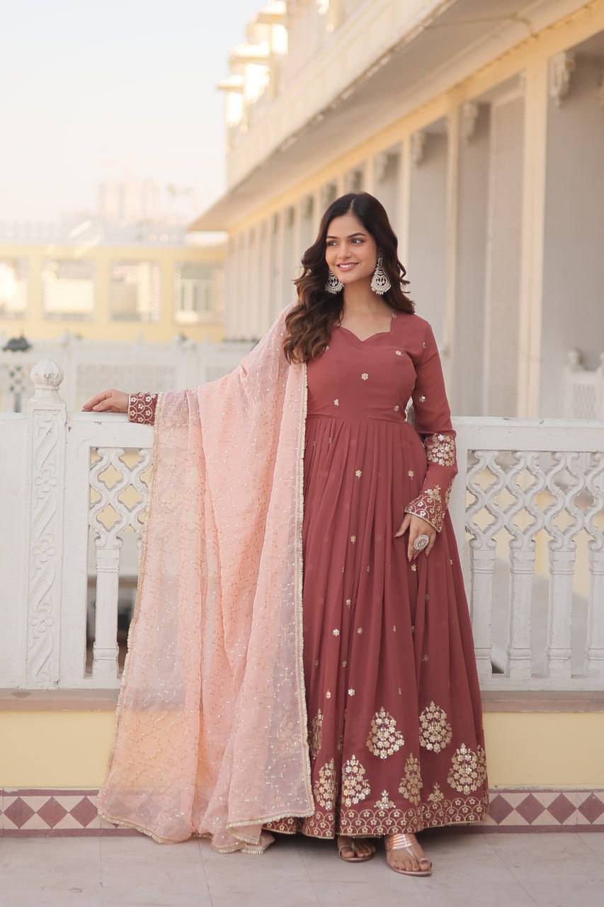 Delicate Brown Faux Georgette Zari Sequins Worked Gown - INDIAN ELEGANCE