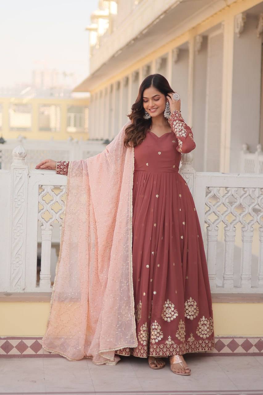 Delicate Brown Faux Georgette Zari Sequins Worked Gown - INDIAN ELEGANCE