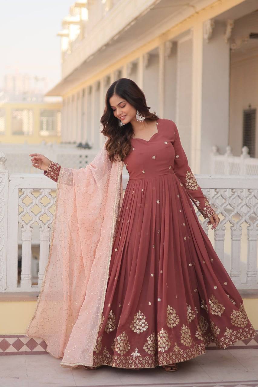 Delicate Brown Faux Georgette Zari Sequins Worked Gown - INDIAN ELEGANCE