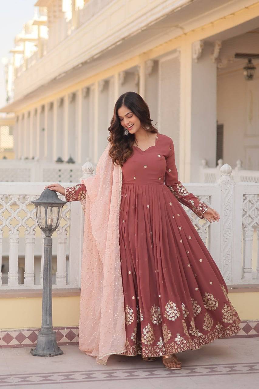 Delicate Brown Faux Georgette Zari Sequins Worked Gown - INDIAN ELEGANCE