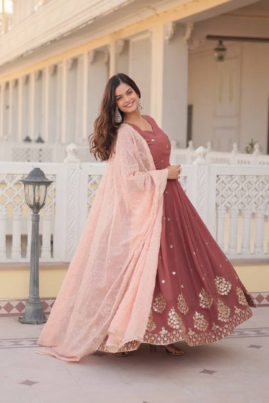 Delicate Brown Faux Georgette Zari Sequins Worked Gown - INDIAN ELEGANCE
