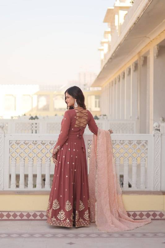 Delicate Brown Faux Georgette Zari Sequins Worked Gown - INDIAN ELEGANCE