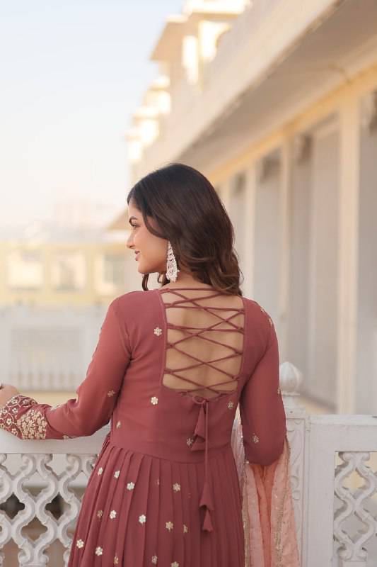 Delicate Brown Faux Georgette Zari Sequins Worked Gown - INDIAN ELEGANCE