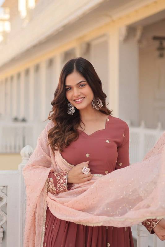 Delicate Brown Faux Georgette Zari Sequins Worked Gown - INDIAN ELEGANCE