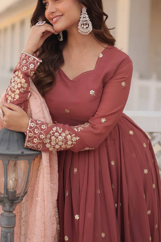 Delicate Brown Faux Georgette Zari Sequins Worked Gown - INDIAN ELEGANCE