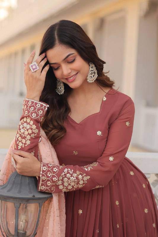Delicate Brown Faux Georgette Zari Sequins Worked Gown - INDIAN ELEGANCE