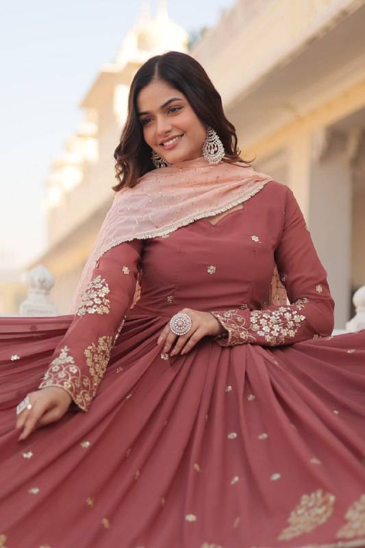 Delicate Brown Faux Georgette Zari Sequins Worked Gown - INDIAN ELEGANCE