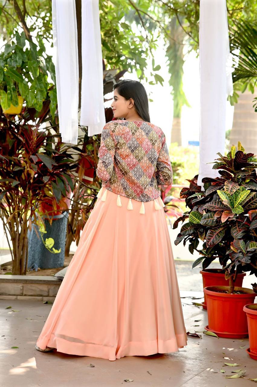 Peach Floral Sequins Embroidered Koti Blouse Lehenga Set - INDIAN ELEGANCE