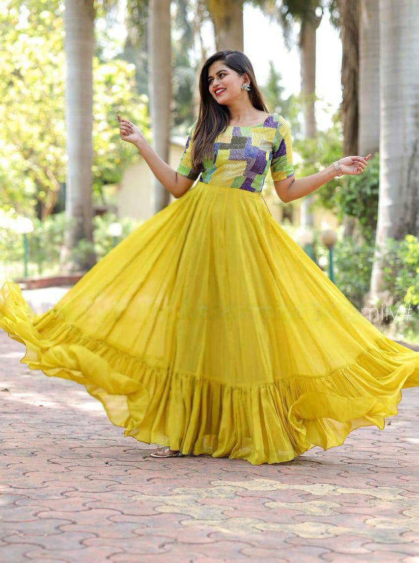Resplendent Yellow Faux Georgette Fully Stitched Gown - INDIAN ELEGANCE