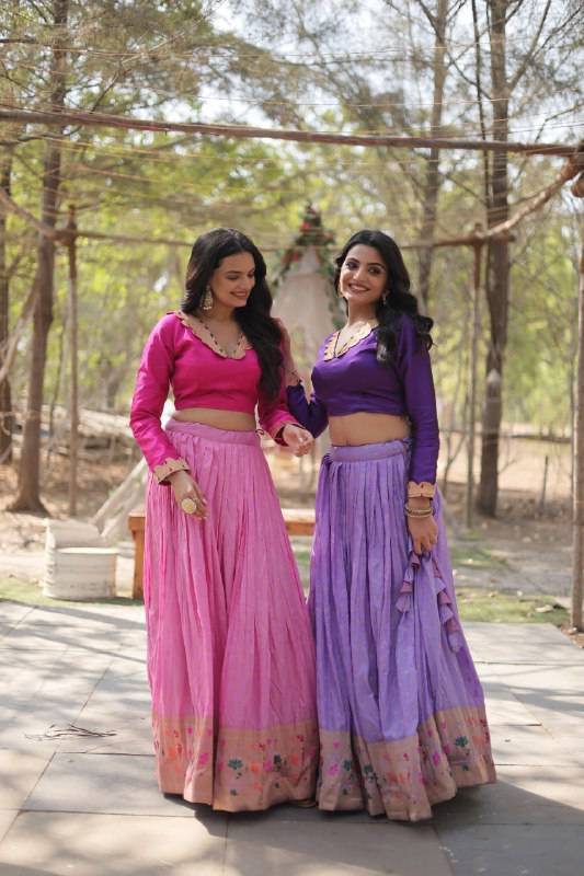 Chic Viscose Jacquard Zari Border Worked Fully Stitched Lehenga Choli - INDIAN ELEGANCE