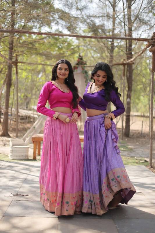 Chic Viscose Jacquard Zari Border Worked Fully Stitched Lehenga Choli - INDIAN ELEGANCE
