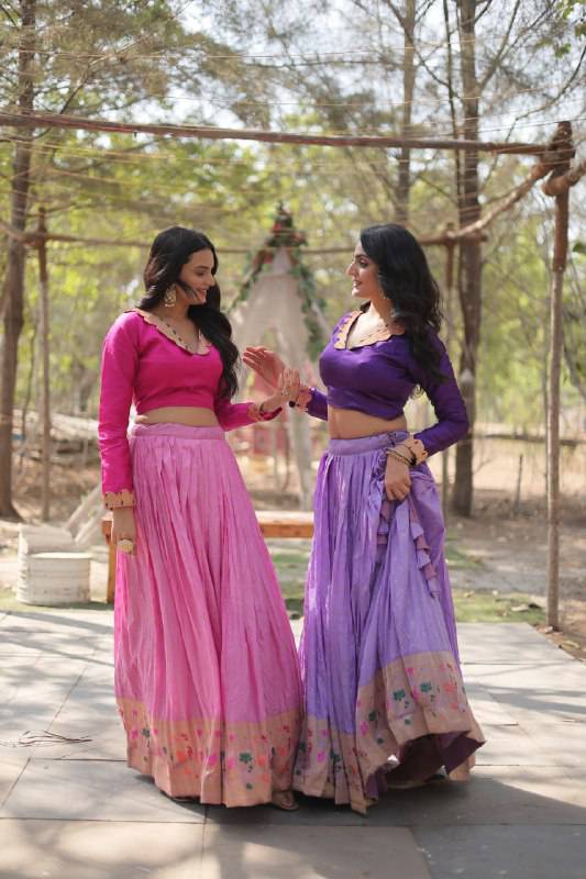 Chic Viscose Jacquard Zari Border Worked Fully Stitched Lehenga Choli - INDIAN ELEGANCE