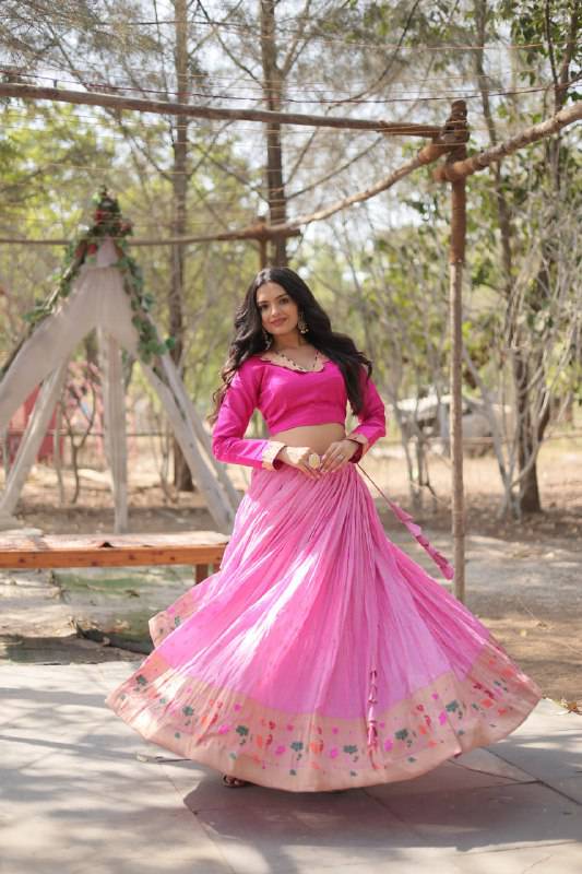 Chic Viscose Jacquard Zari Border Worked Fully Stitched Lehenga Choli - INDIAN ELEGANCE