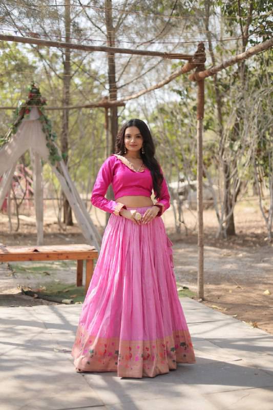 Chic Viscose Jacquard Zari Border Worked Fully Stitched Lehenga Choli - INDIAN ELEGANCE