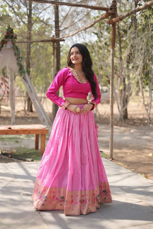 Chic Viscose Jacquard Zari Border Worked Fully Stitched Lehenga Choli - INDIAN ELEGANCE