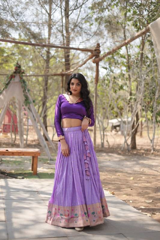 Chic Viscose Jacquard Zari Border Worked Fully Stitched Lehenga Choli - INDIAN ELEGANCE