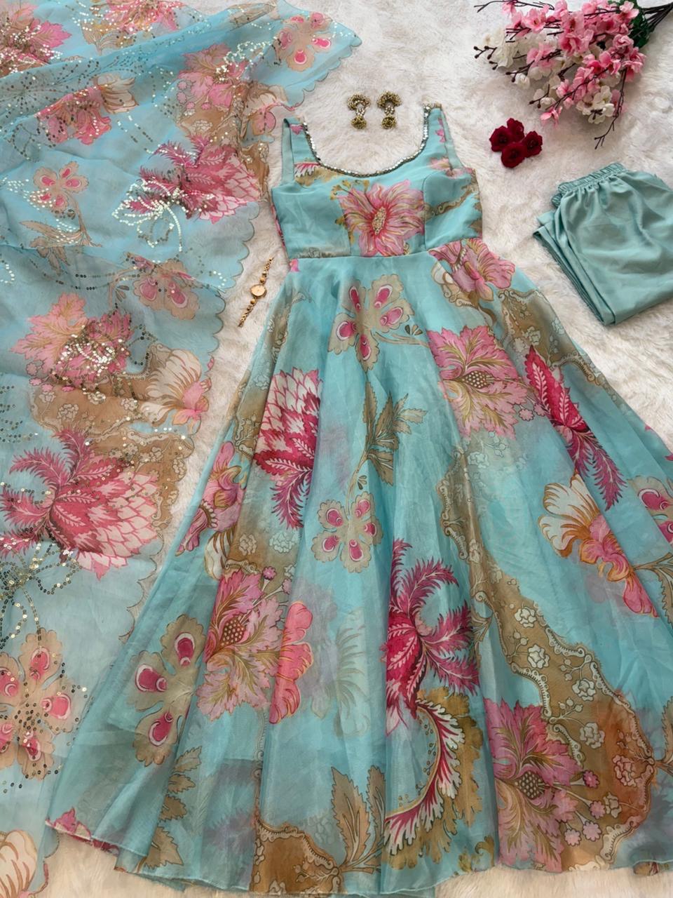 Wedding Wear Jimmy Organza Silk Floral Printed Mirror Work Anarkali Suit for Women