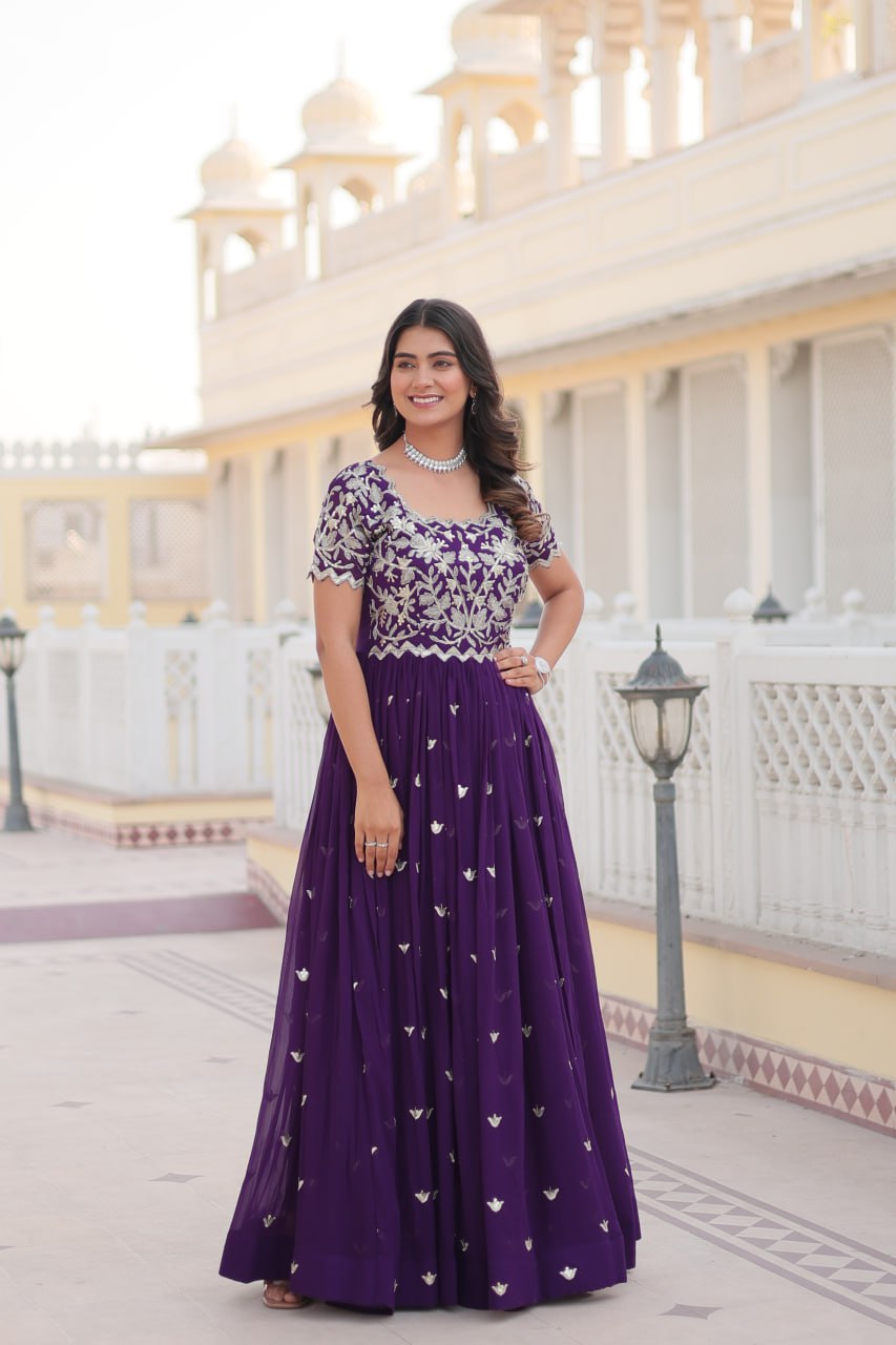 Sublime Faux Georgette Cording Sequins Worked Gown - INDIAN ELEGANCE