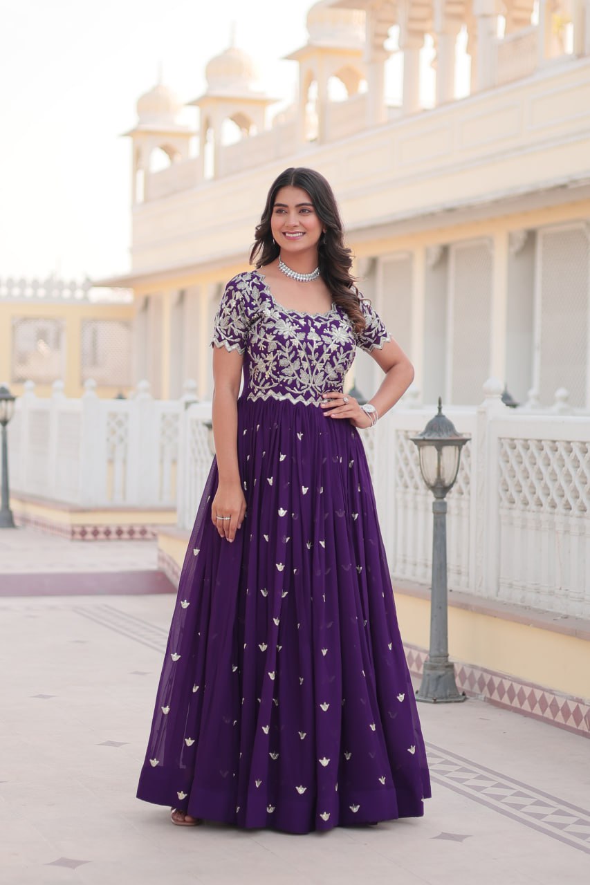 Sublime Faux Georgette Cording Sequins Worked Gown - INDIAN ELEGANCE