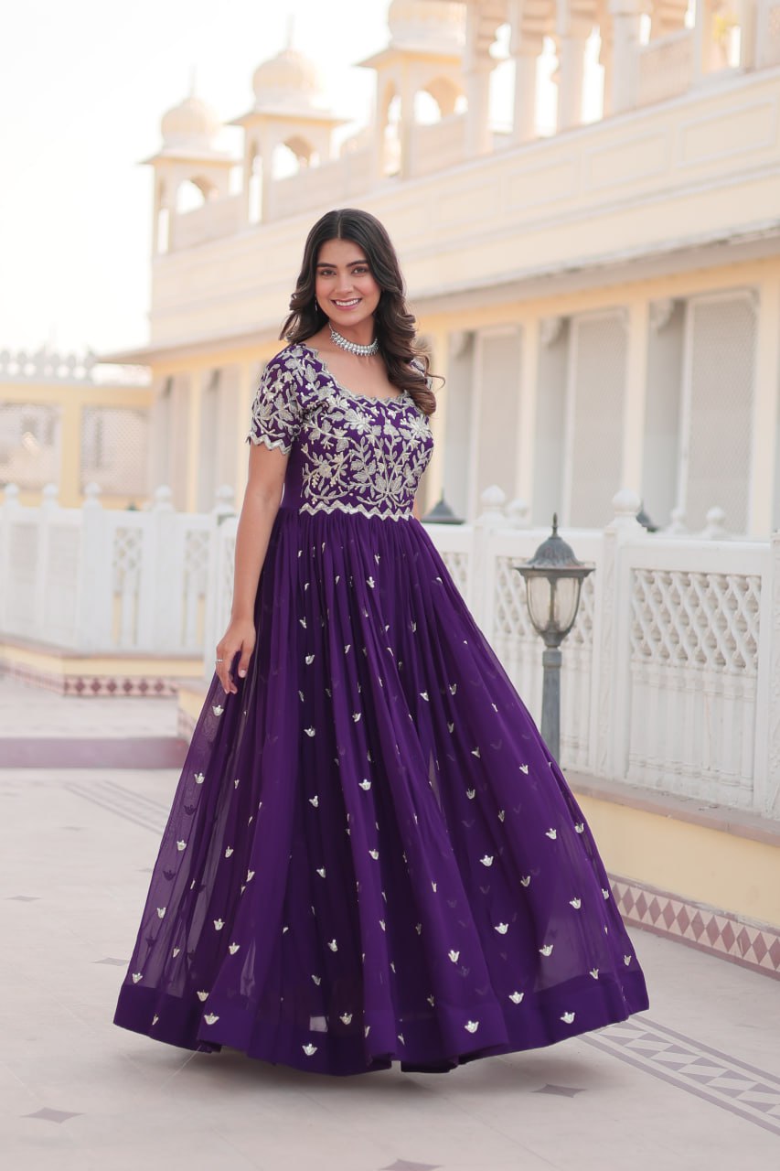 Sublime Faux Georgette Cording Sequins Worked Gown - INDIAN ELEGANCE