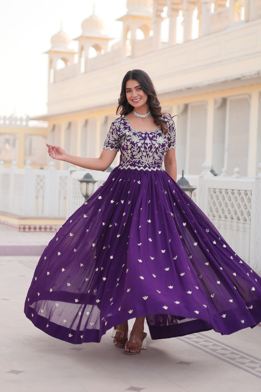Sublime Faux Georgette Cording Sequins Worked Gown - INDIAN ELEGANCE